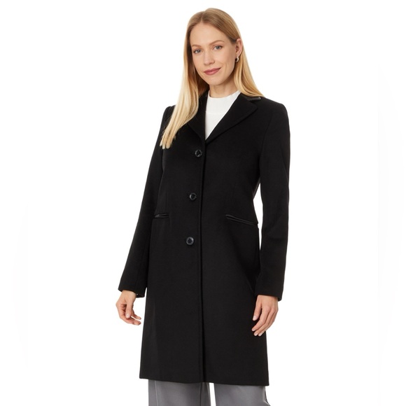 Lauren Ralph Lauren Double-Breasted Coat 14 | Faux-Leather Trim Wool Blend - Picture 2 of 13